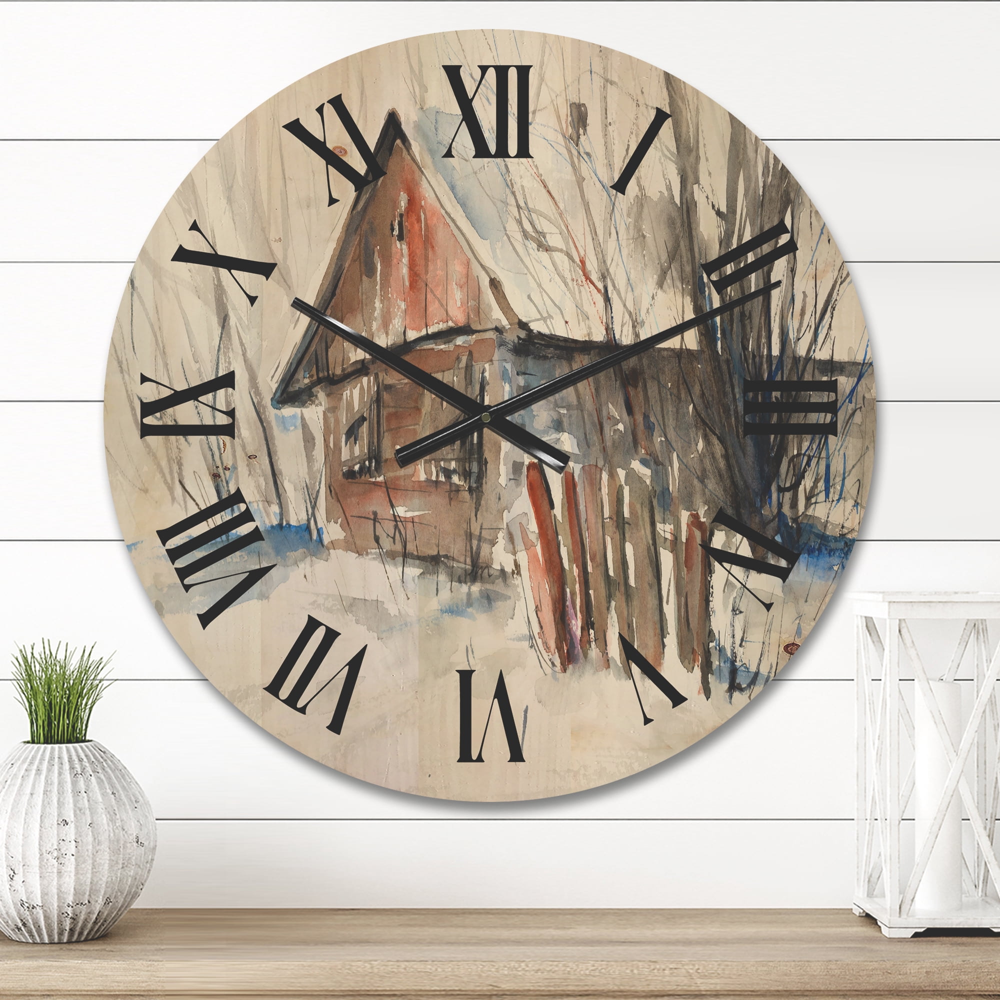Designart 'Old Abandoned Wooden House In Winter Snow Picture' Traditional Wood Wall Clock