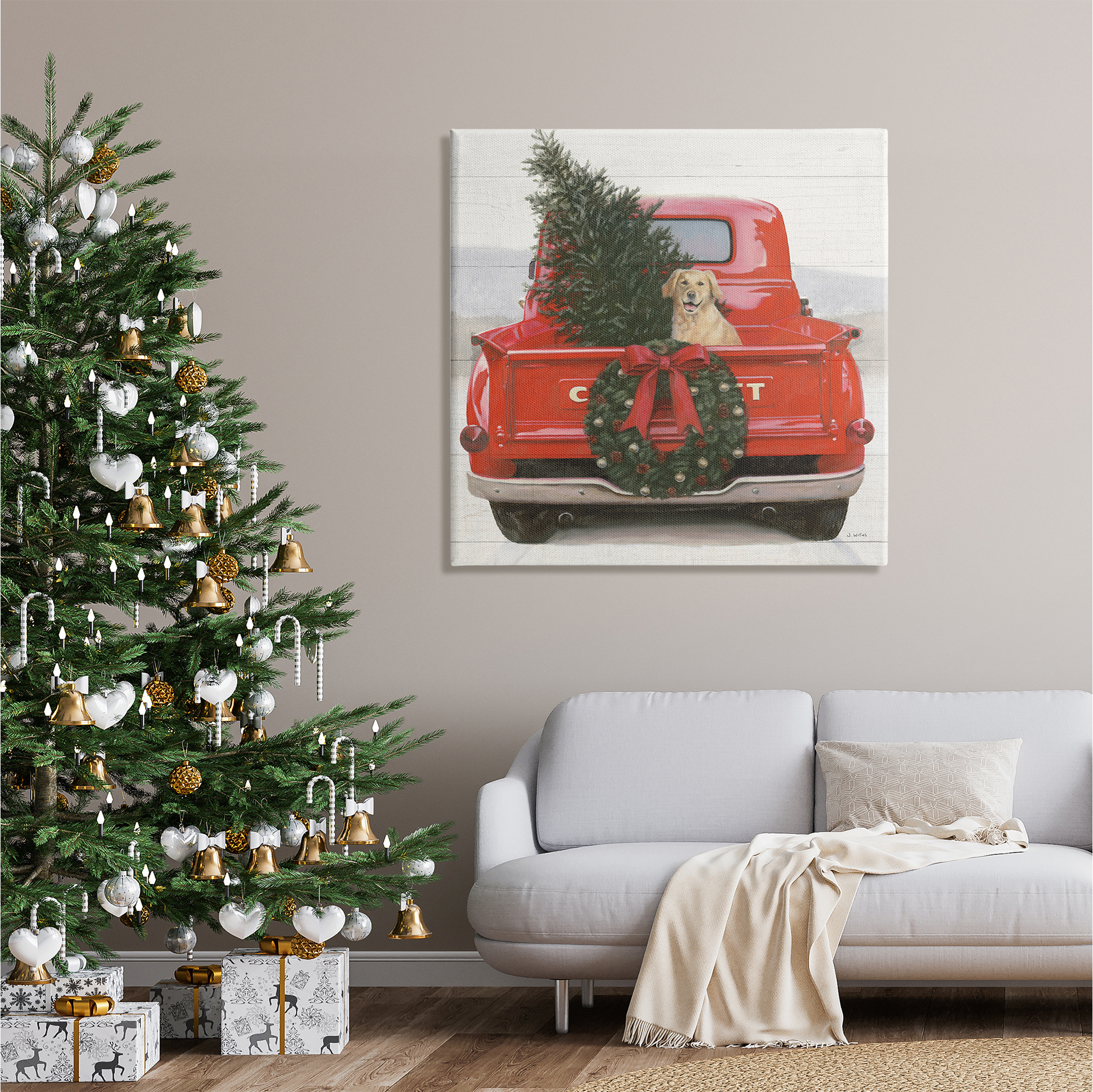 Stupell Industries Festive Dog in Truck Holiday Painting Gallery Wrapped Canvas Print Wall Art, 36 x 36