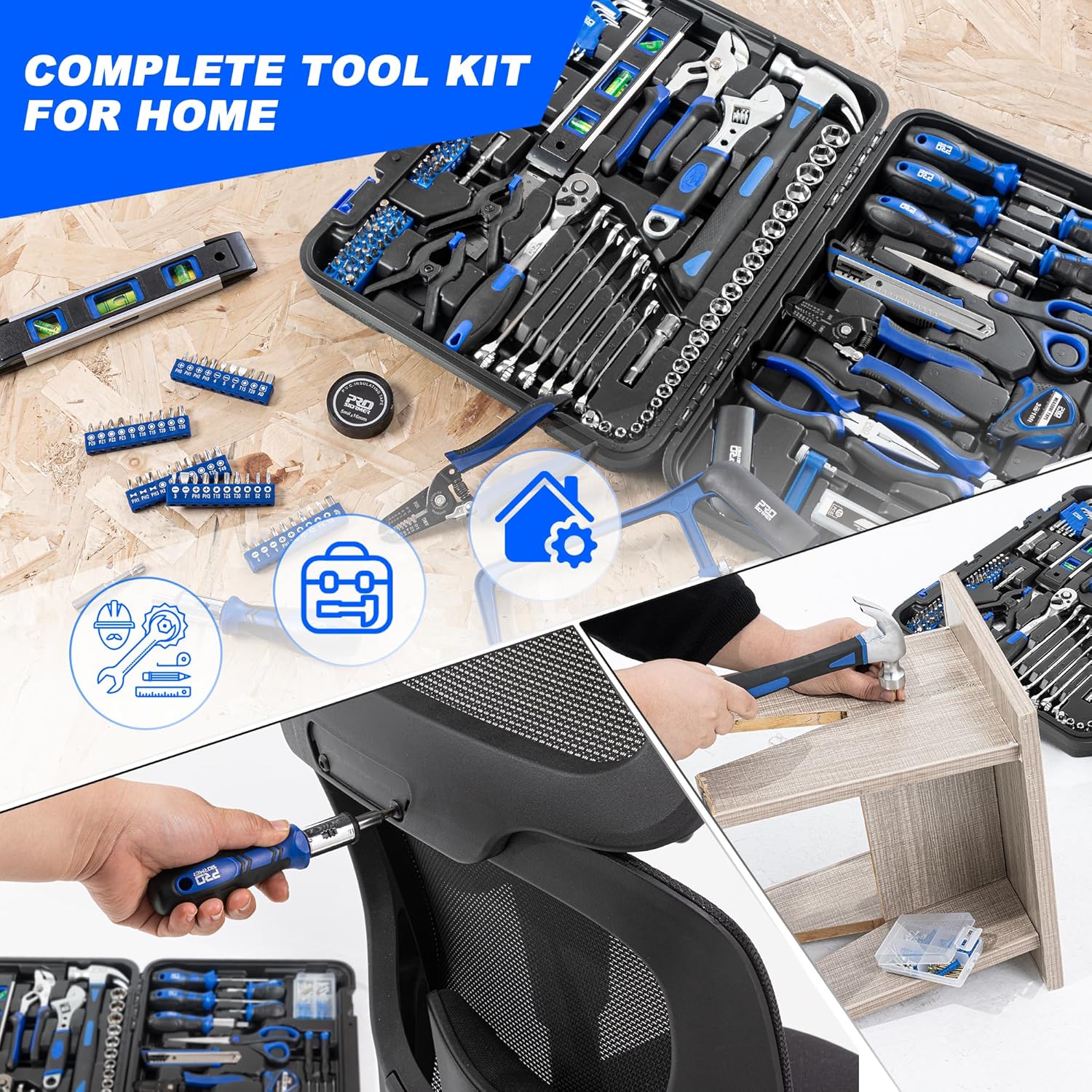 259-Piece Tool Kit, General Household Hand Tool Set with Plastic Storage Toolbox, Portable Complete Repair Tool Box for Home and Car (Blue)