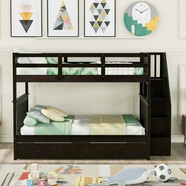 Stairway Full Bunk Bed for Kids with Trundle and Three Drawers, Solid