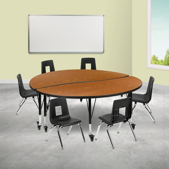 BizChair Mobile 60" Circle Wave Flexible Laminate Activity Table Set with 14" Student Stack Chairs, Oak/Black