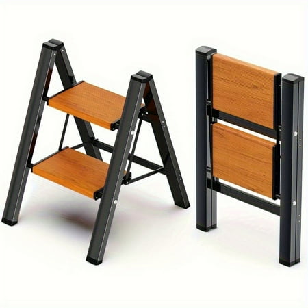 Folding Ladder Stool with Wide Steps and Anti-Slip Feet, Portable Household Step Stool for Adults, Kitchen Mini Ladder, 3-Step, 300 lbs Capacity, Black and Wood Grain