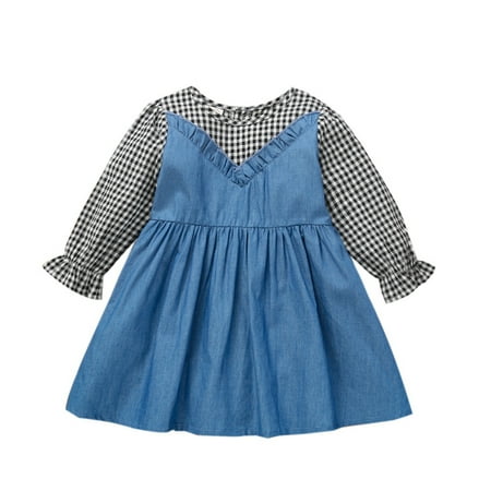 

Kids Toddler Baby Girls Long Ruffled Sleeve Patchwork Plaid Princess Dress Outfits