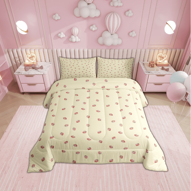 Erosebridal Ensembles de Literie Kawaii Fraise Très Grand avec Couette pour Filles, Insert de Couette Fruit Sucré, Réversible 3 Pcs, Réversible