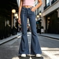 thumbnail image 2 of CONZONE Flared Pants for Little Girls Striped Print Girls Bootcut Pants Mid Waist Trendy Fall School Trousers with Pockets Size 5-6 Years, 2 of 5