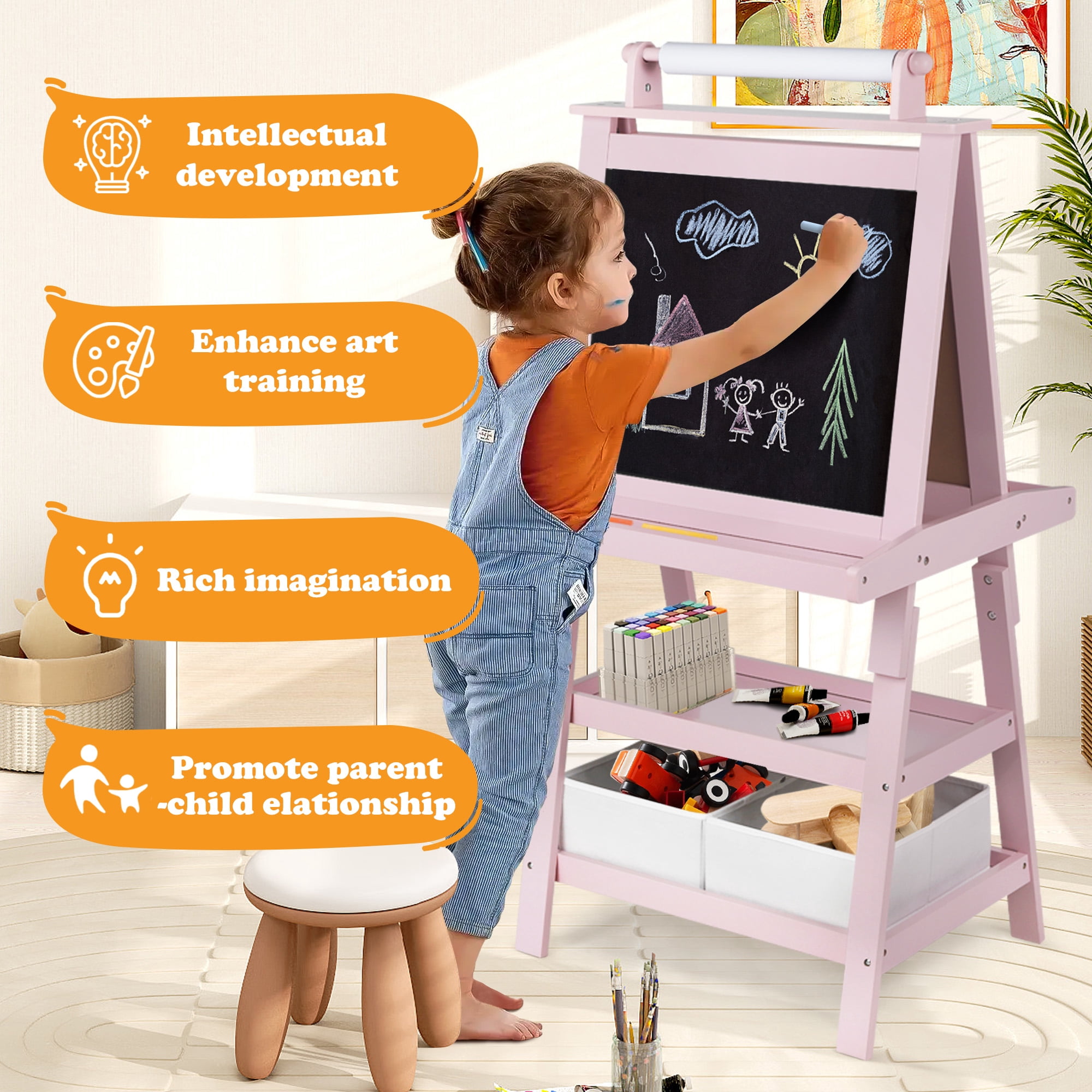 AILEEKISS 3 in 1 Kids Art Easel Double-Sided Magnetic Whiteboard Chalkboard with Paper Roller, Pink