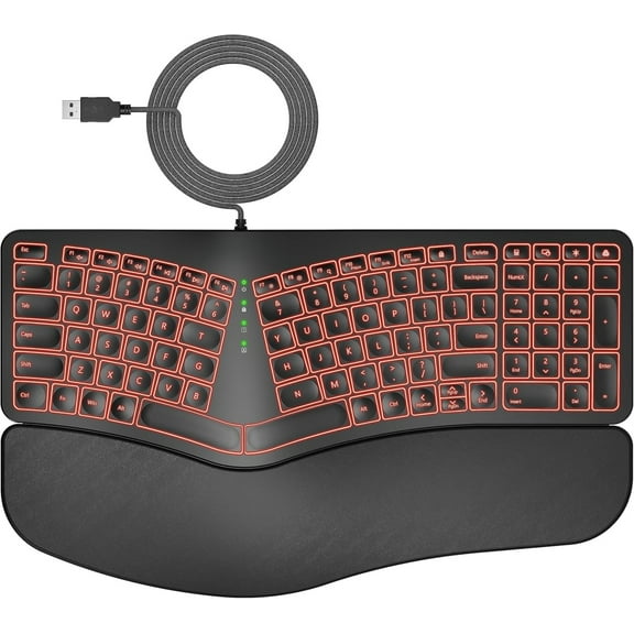 Wired Keyboard，Backlit 7 Colors & Adjustable Brightness Comfortable Natural Split Keyboard