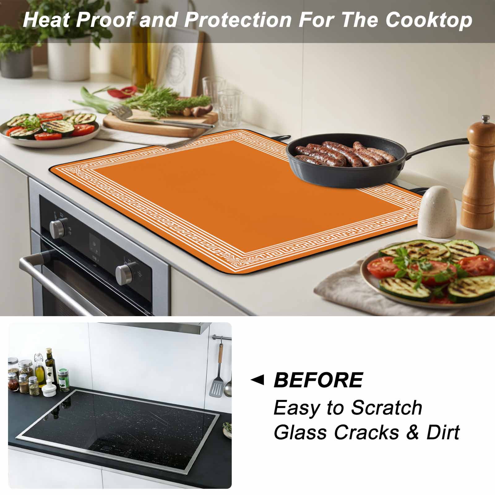 Burnt Orange Geometric Stove Top Cover for Electric Stove, Heat-proof & Non Slip Glass Top Stove Cover Protector, Country Greece Key Art Kitchen Flat Cooktop Rubber Mat 31x24 Inches
