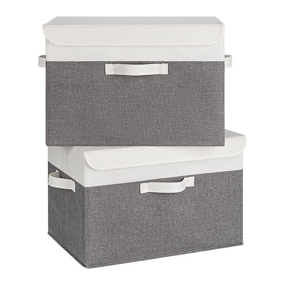 Granny Says Collapsible Storage Bins with Lids, Decorative Storage Basket for Shelves, Toy, Closet, White&Gray, 2-Pack