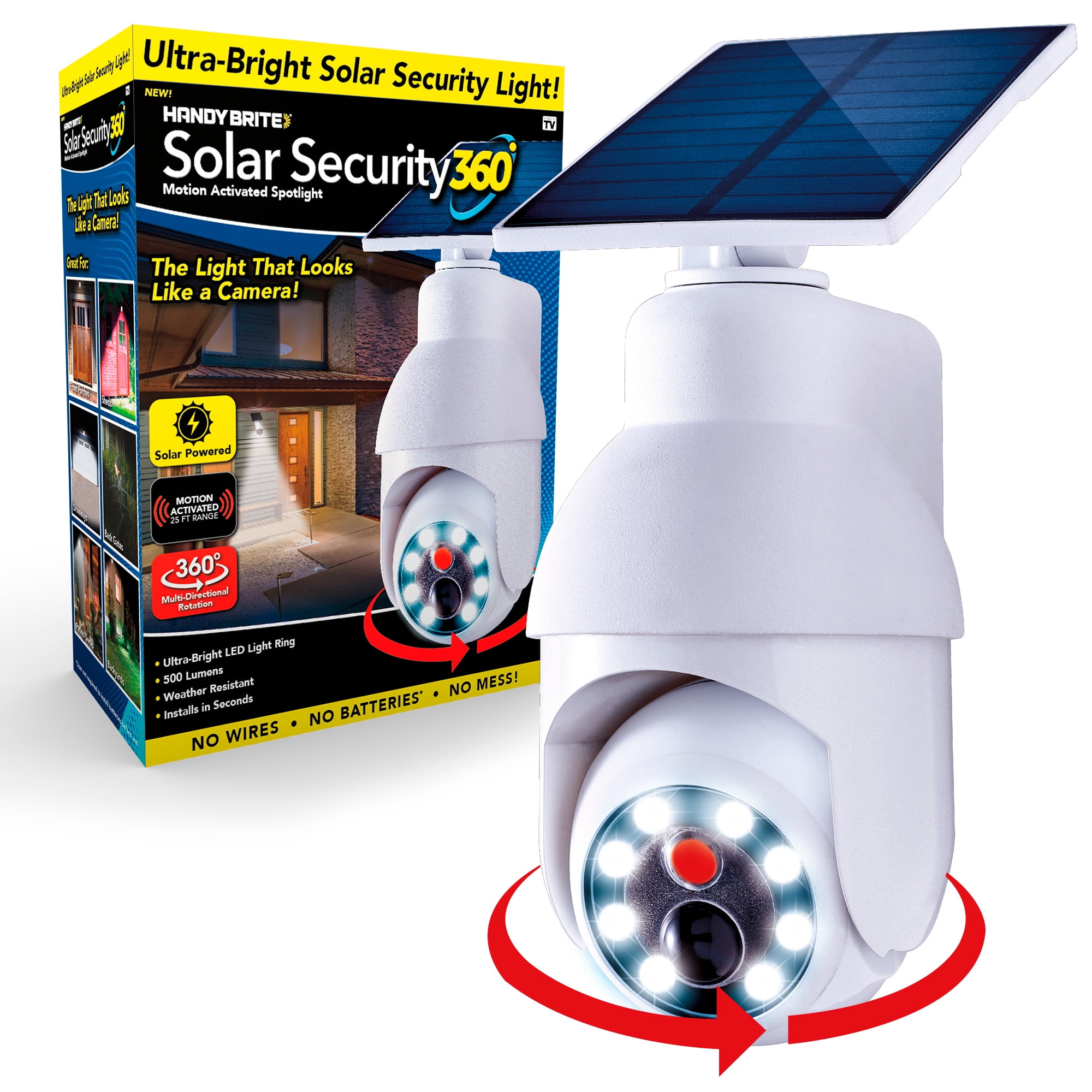 Handy Brite Solar Security 360 LED Light that Looks like a Camera with a Beam Spread of 120 Degrees.