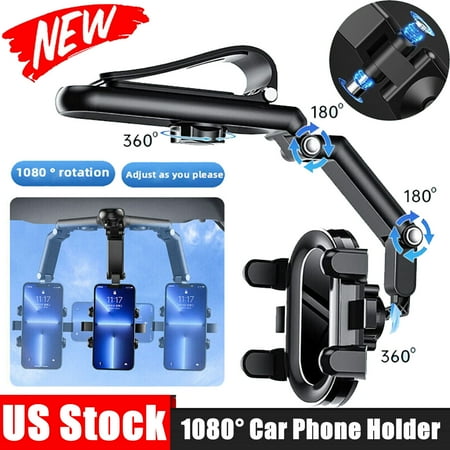 1080° Rotatable and Retractable Car Phone Holder multifunction Car Rearview Mirrior Mount Cradle Clip Universal