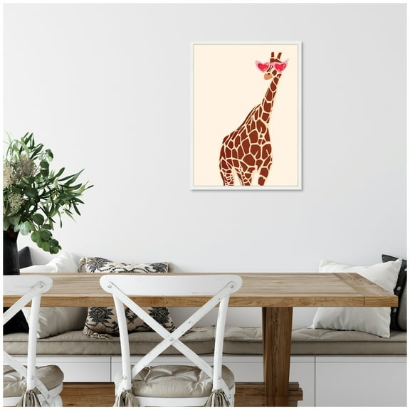 Kate and Laurel Giraffe in Preppy Cute Heart Sunglasses Framed Canvas Wall Art  by Honey Island Studio 18 x 24 Sylvie White, Whimsical, Animals, Humor Art for Wall Decor, Living Room, Bedroom