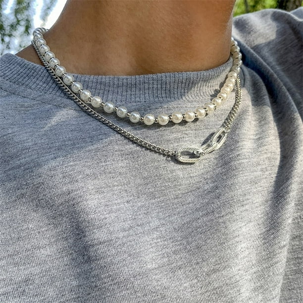 Collar De Oso De Perlas De Doble Capa Creativo Para Hombre , Cadena De Gargantilla Simple Hip-Hop , Costura , Exquisito Masculino , Regalo