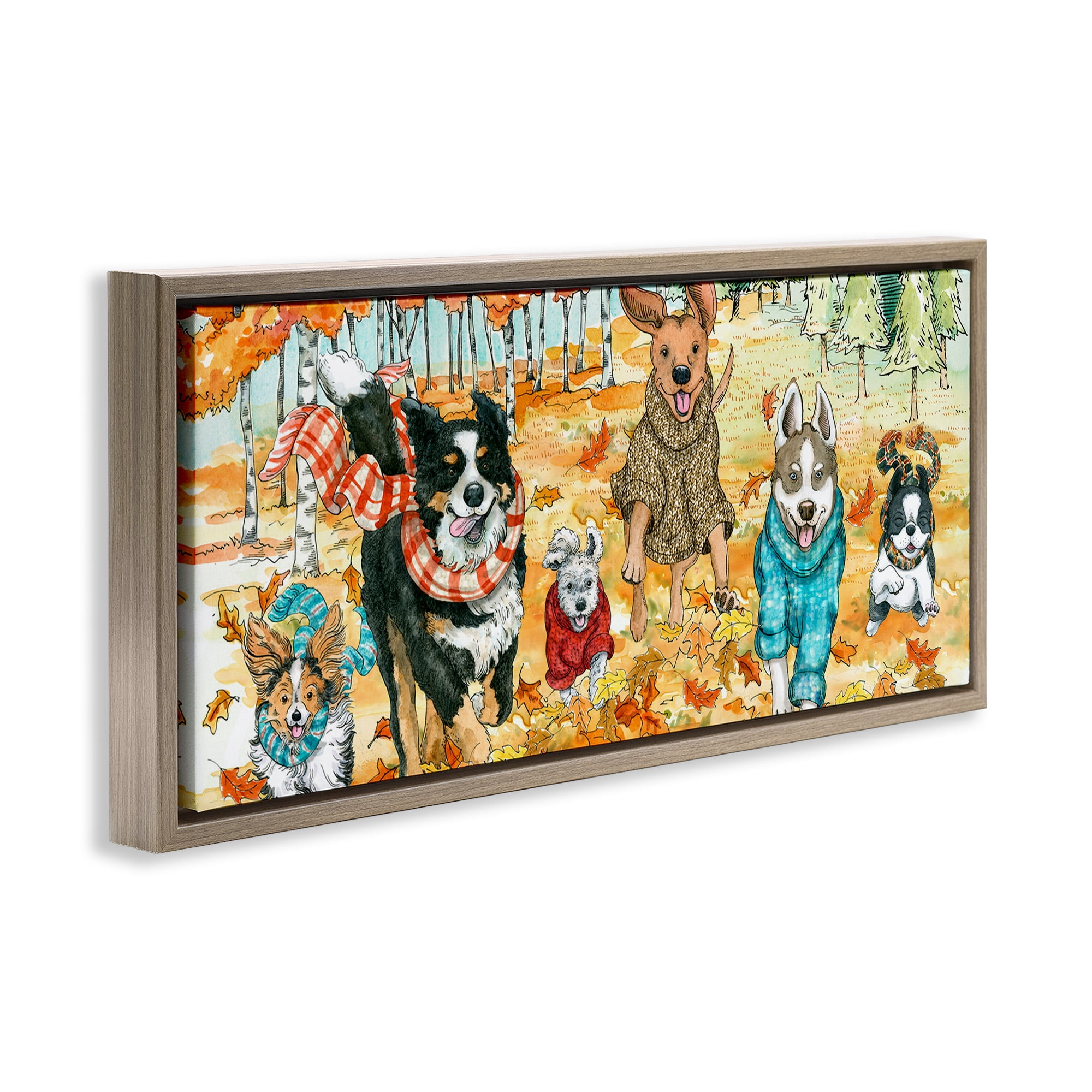 Stupell Industries Autumn Dog Park Animals Running Animals & Insects Painting Brown Floater Framed Canvas Art Print Wall Art, 25 x 11