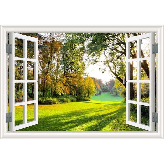 Creative Window Frame Style Wall Mural Decalsof Tree Removable Vinyl Poster Sunny Forest Wall Art For Living Room Self Adhensive Stickers -24"X36"