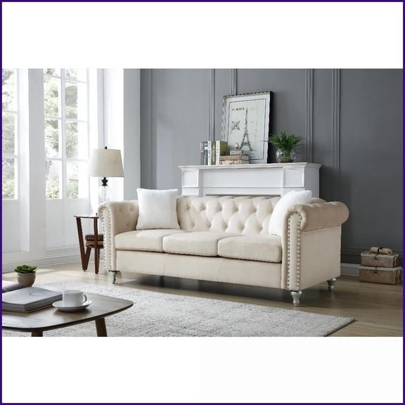 Raisa Classic Faux Jeweled Tufted Micro Suede Velvet Sofa - Beige Luxury Living Room Piece with Nailhead Trim
