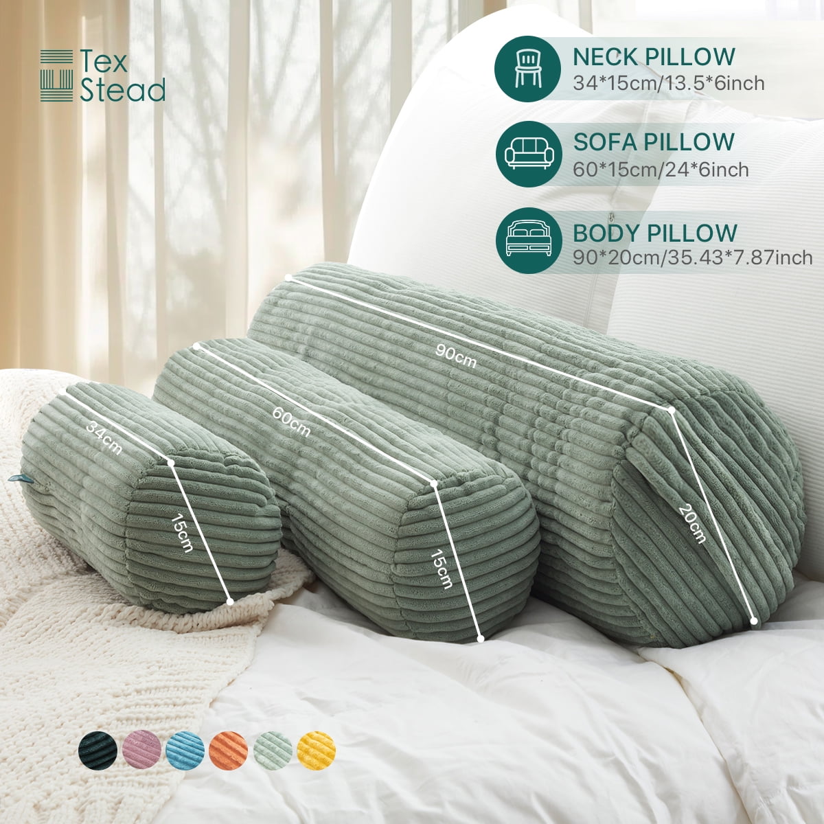 CHARRYARN by TexStead Cuddle Pillow  Bolster Pillow Corduroy Cylindrical Bed Pillow - Multifunctional Long Pillow- uitable for yoga,Lumbar and Neck Support Roll Pillow-Light green（6"x24")