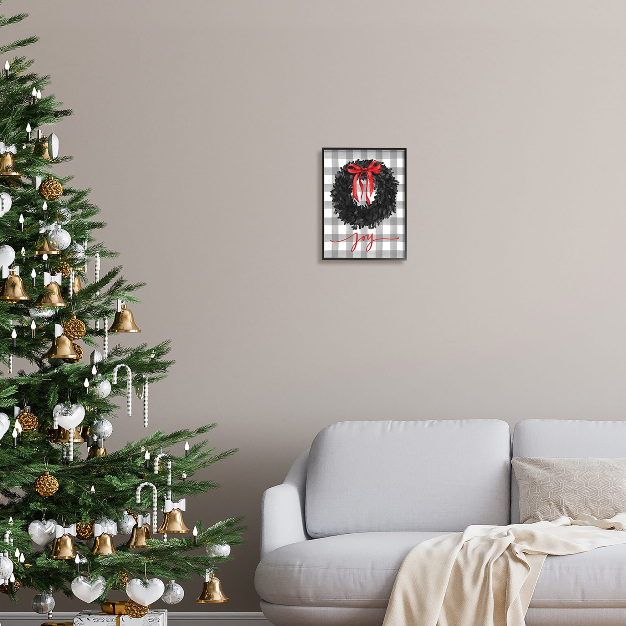 Joy Calligraphy Holiday Wreath Plaid Red Bow Botanical & Floral Graphic Art Framed Art Print Wall Art