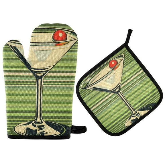 Yayeee Oven Mitts and Pot Holder Set of 2 Heat Resistant Kitchen Gloves Baking Hot Pad, Red Martini