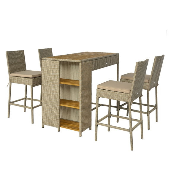 Wicker Outdoor Bar Set 5 Piece, Acacia Wood High Top Table & Chairs, Cushions, Brown Patio Furniture