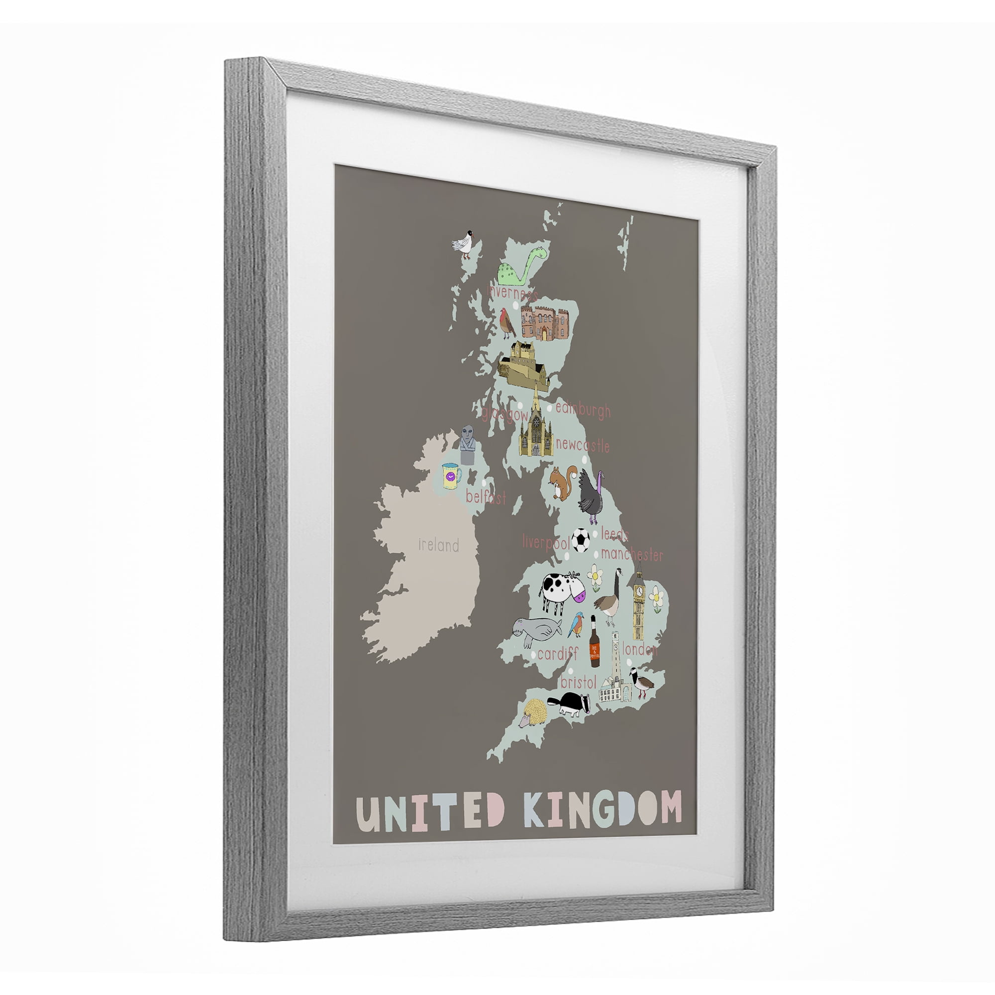 Kid's Map of United Kingdom Gray Framed Print Under Glass, design by Carla Daly