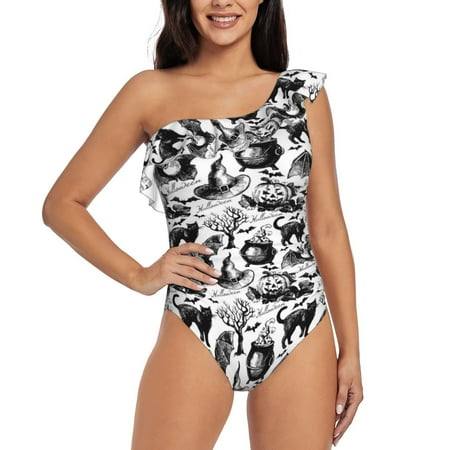Gukieu Black White Halloween Print One-shoulder Ruffled One-piece Swimsuit with Removable Chest Pads and Tummy-control Swimsuit for Women-X-Large