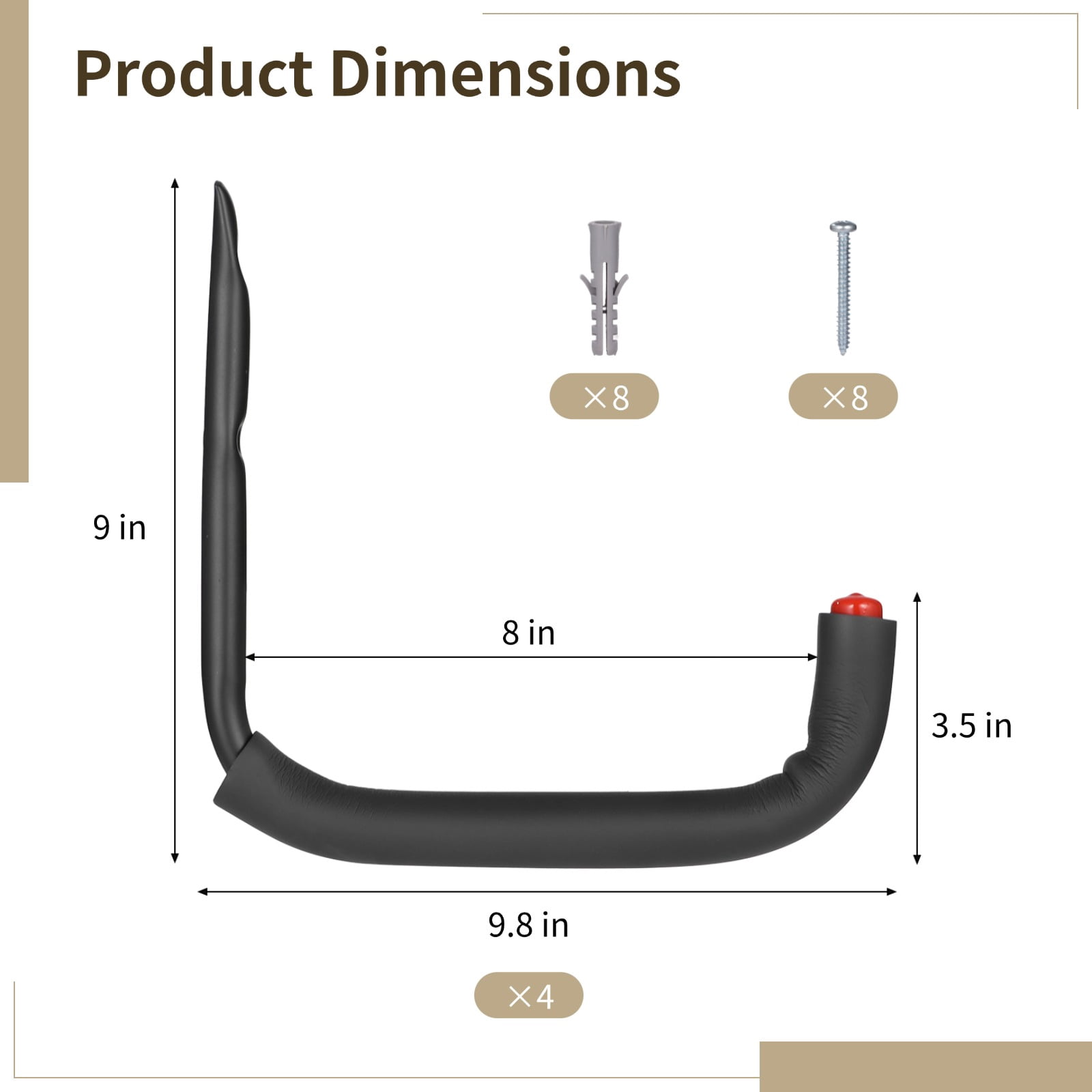 4 PCS Garage Storage Ladder Hooks, 9.8 in Wall Mount Utility Hooks, Heavy Duty Carbon Steel Storage Hangers with EVA Padding, Garage Wall J Hooks for Ladders Bikes Tools Holds up to 100 lbs