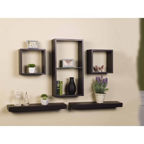 Melannco Set of 5 Espresso Shelf And Cube Set, Hardware Included