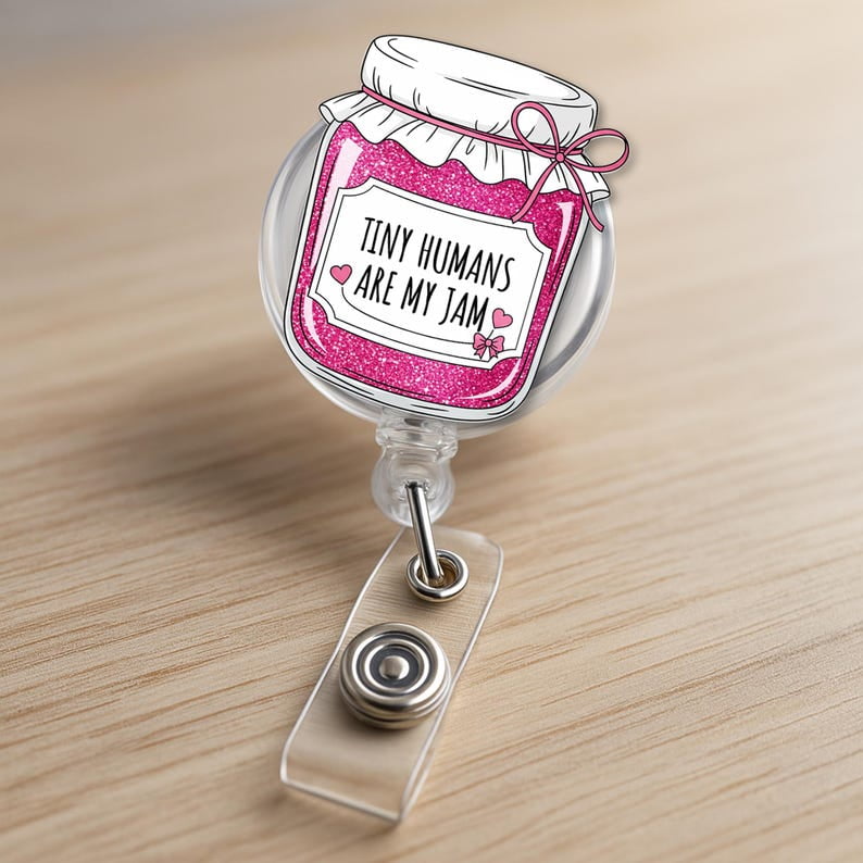 ViciArt Tiny Humans Are My Jam Badge Reel, Acrylic Retractable ID Holder, Pink Glitter Jar Clip
