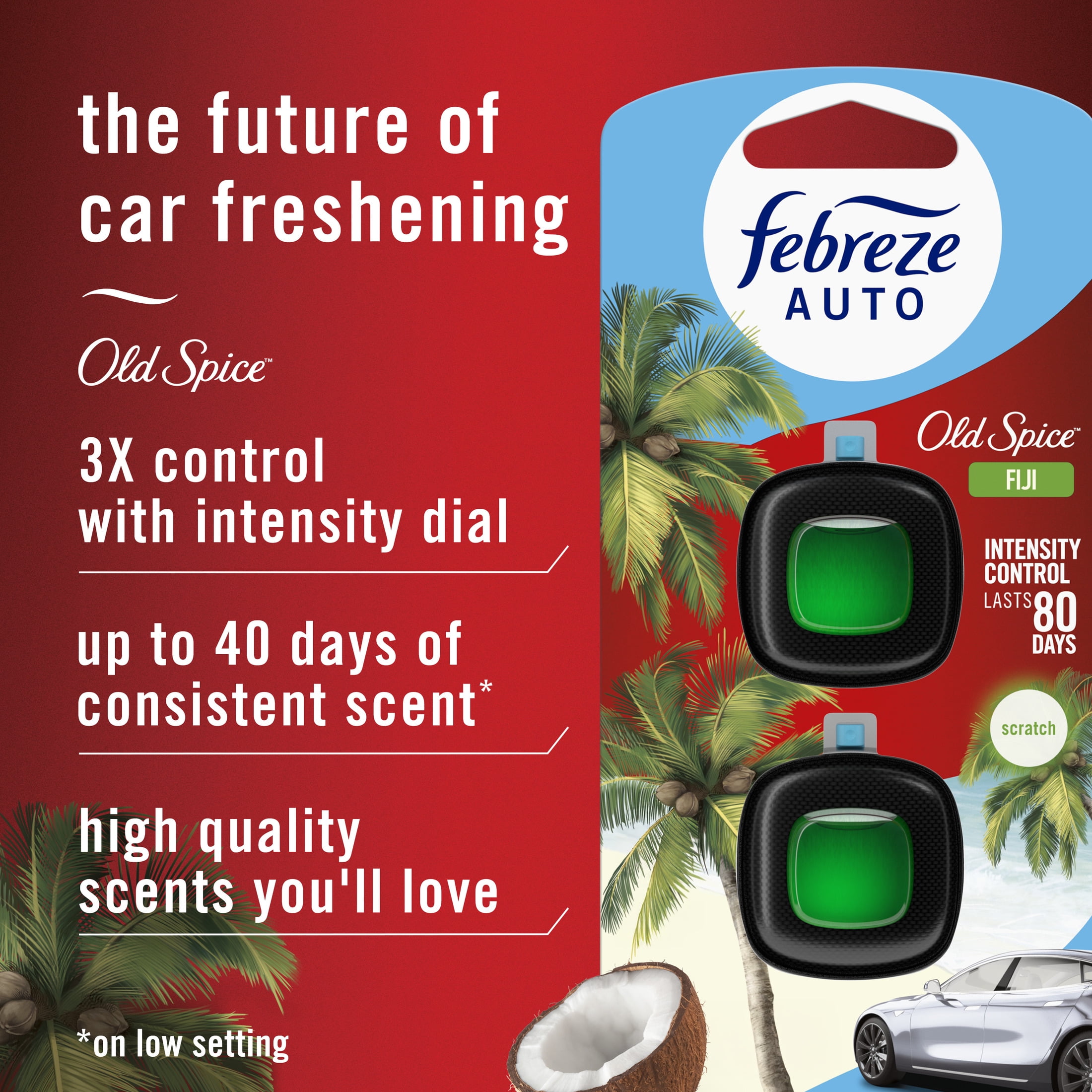 Febreze AUTO Car Air Freshener, Odor-Fighting Car Vent Clip, Old Spice Fiji, 2 Count