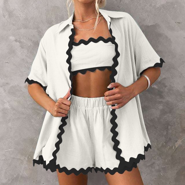 Fankiway Ensemble Décontracté pour Femmes, Couleur Unie, Manches Courtes et Shorts, Pyjama Décontracté, Ensemble à Revers, Ensemble de Vêtements pour Femmes, Tenues pour Femmes, Ensemble 2 Pcs