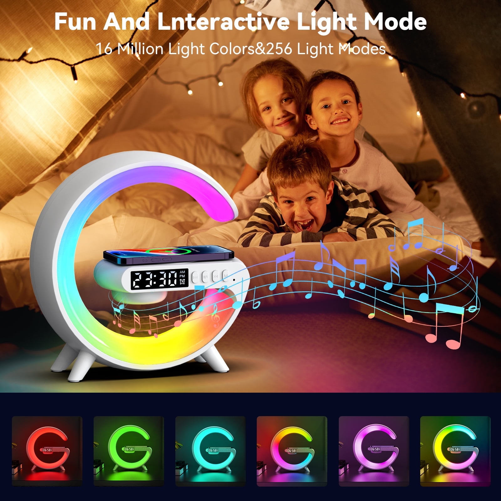 All-in-One Smart Bedside Lamp: 15W Fast Wireless Charger, Alarm Clock & Mood Light for Bedroom（Black）