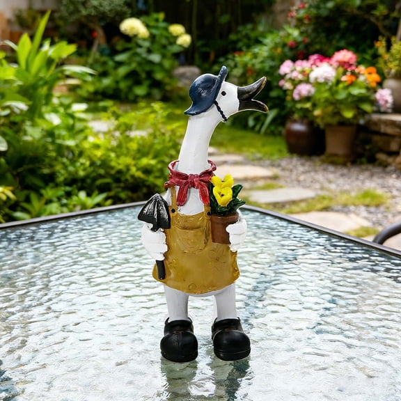 Resin Gardener Duck Figurine, Cute Animal Statue with Pot for Garden Patio Home Yard Decor