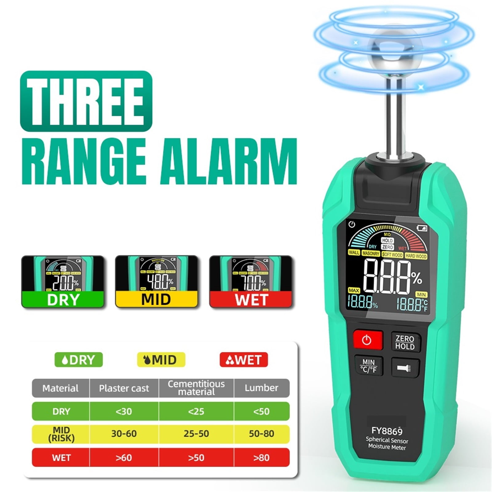 Digital Wood Moisture Meter Non-destructive Spherical Hygrometer Record Humidity Auto Detect Timber Damp Detector