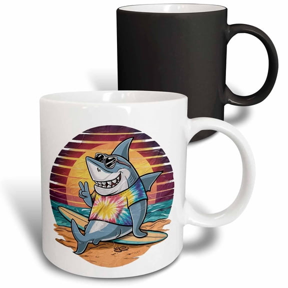 3drose, Cute Colorful Funny Hippy Shark on Surfboard Beach Peace, 11oz Magic Transforming Mug