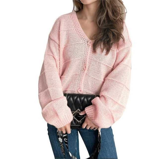 Cárdigans de Invierno para Mujer, Estilo Cárdigan, con Botones, Abrigos Informales, Oversize, Tejido Grueso de Punto , Larga, Prendas Exteriores Rosa L