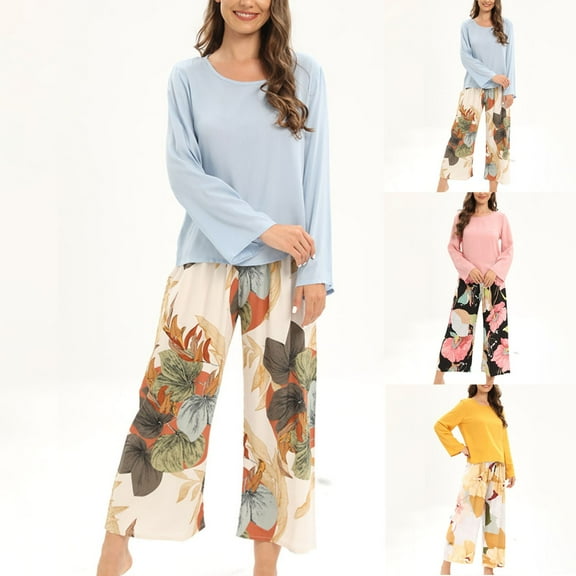 Aufmer Cotton Nightgowns for Women Clearance Long Sleeved Round Neck Print Multicolor Pajamas Round- Neck Household Sets