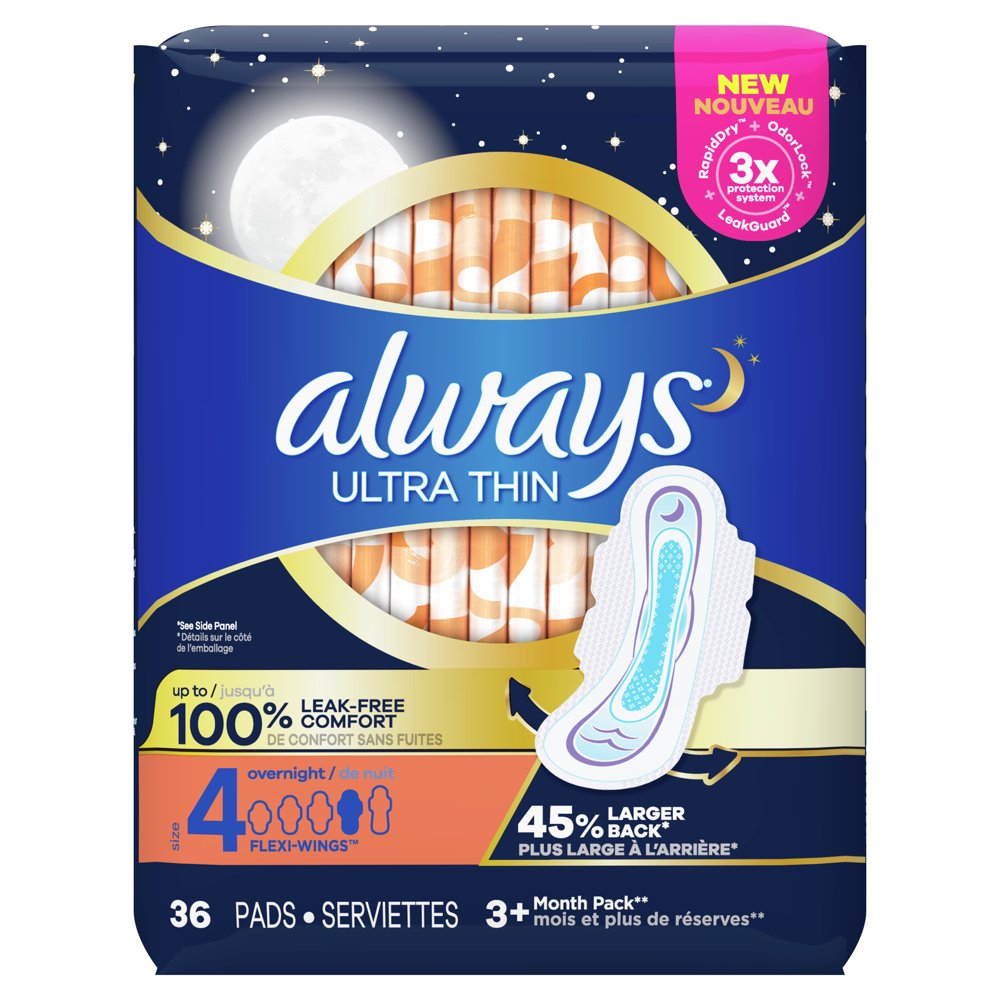 Always Ultra Thin Pads Overnight Absorbency with Wings, Unscented, Size
