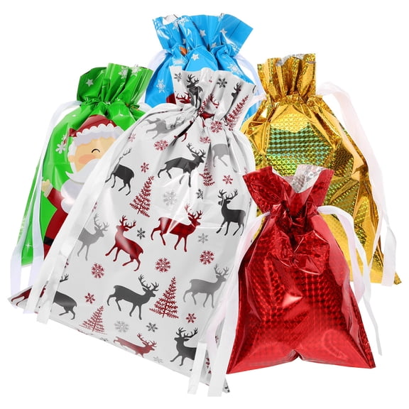 NICEXMAS Xmas Drawstring Pouches Assorted Color PP Christmas Party Favor Bags 5Pcs