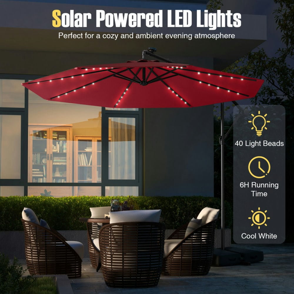 Demifill 10 Ft Patio Umbrella Offset Cantilever Umbrella with 40 Solar Powered Lights, Offset Patio Umbrella for Outdoor, Red