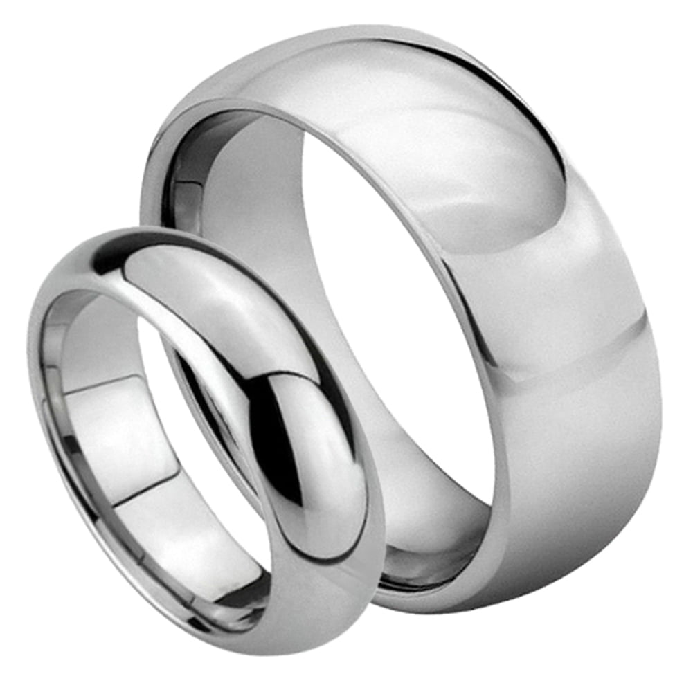 8MM Men's or 6MM Ladies Tungsten Carbide Brushed Domed Wedding Band Ring Set 