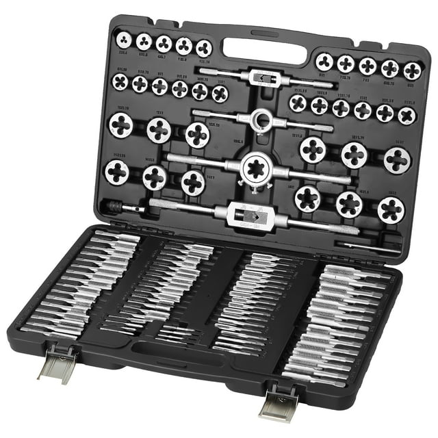 VEVOR Ensemble de Tarauds et Matrices, 110 Pcs Incluant Tailles M2 à M18, Tarauds et Matrices en Acier à Roulements, Outil d'Enfilage Essentiel pour Couper des Filetages Externes Internes, avec Accessoires Complets et Étui de Rangement
