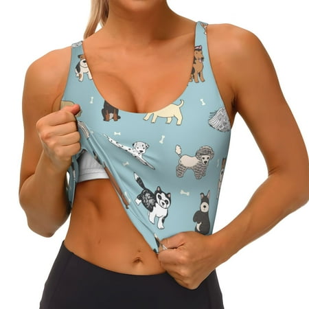 Qokaie Dog Pets Pattern Womens Scoop Neck Sports Bra Breathable Workout Vest Padded U Back Medium Impact Fitness Gym Yoga Bra Workout Crop Top