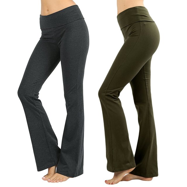 SNNROO Womens & Plus Stretch Cotton Fold-Over High Waist Bootcut Workout Flared Yoga Pants