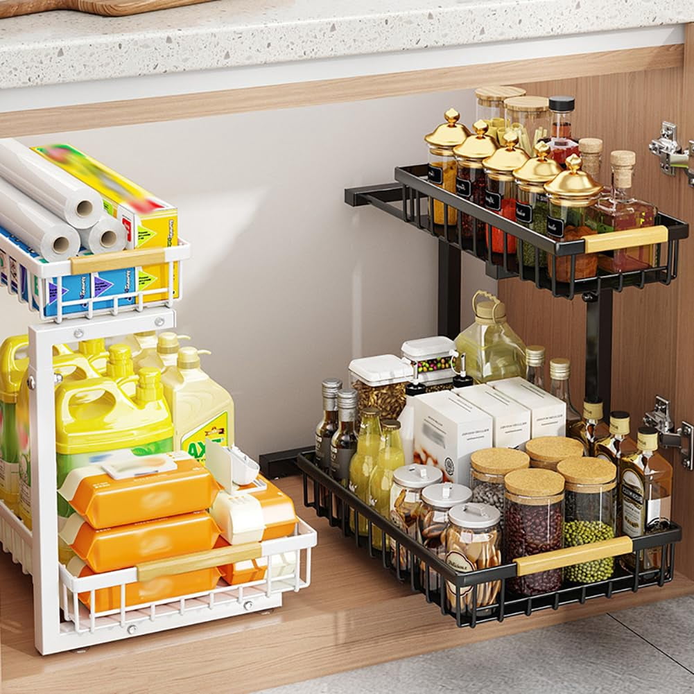 Under Sink Organizer, Metal Pull Out Cabinet Organizer Shelf, High Adjustable 2 Tier Under Kitchen Sink Organizer, for Home, Laundry, RV, Pantry