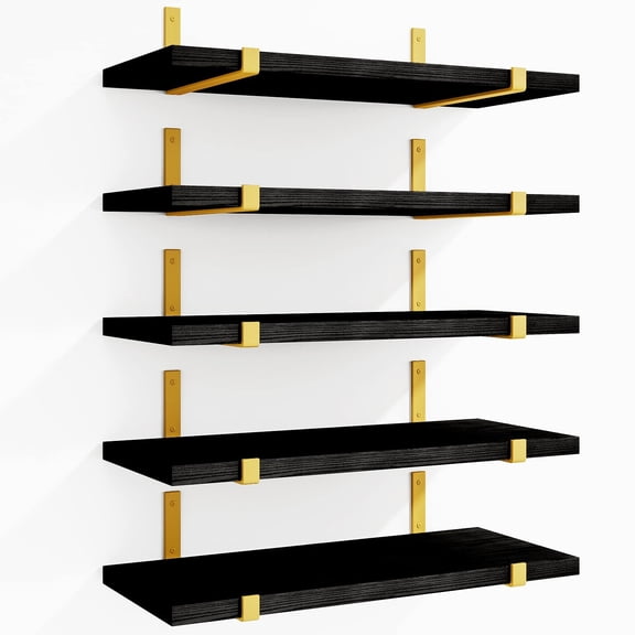 whonline Floating Black Gold Shelves Set of 5, Width 4.7 Inches, Rustic Wood Wall Storage Shelves for Bedroom, Living Room, Kitchen, Bathroom, Home Decor, Laundry Room, Office and s