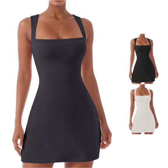 ANINEO For Women Square Neck Bodice Sleeveless Tank Stretch Flare Mini Solid Color Vacation Dress