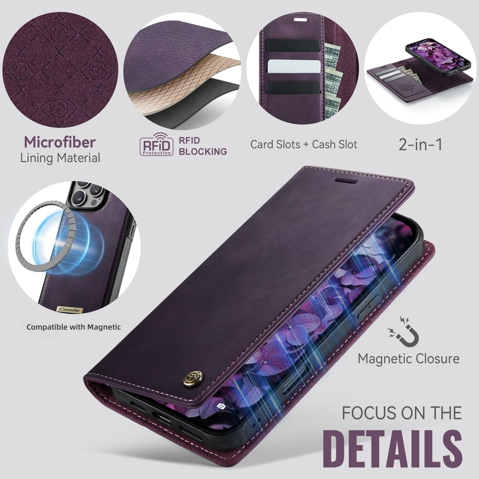 Magnetic 2 in 1 Magsafe Detachable Wallet Case for iPhone 16 Pro Max with Card Holder Women Men, Retro PU Leather【RFID Blocking】Kickstand Shockproof Cover