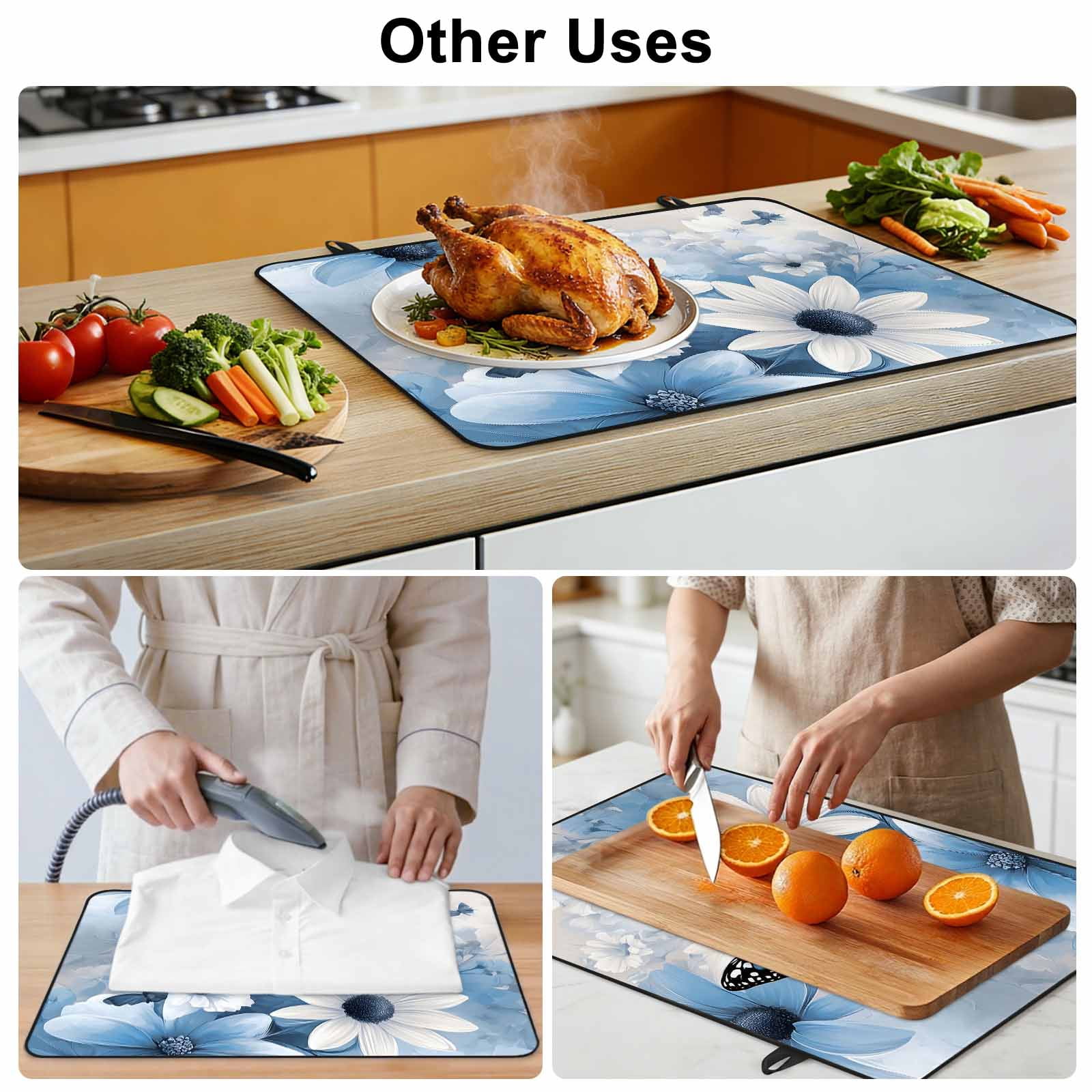 Blue White Floral Stove Top Cover for Electric Stove, Heat-proof & Non Slip Glass Top Stove Cover Protector, Elegant Rustic Butterfly Botanical Kitchen Flat Cooktop Rubber Mat 24x21 Inches