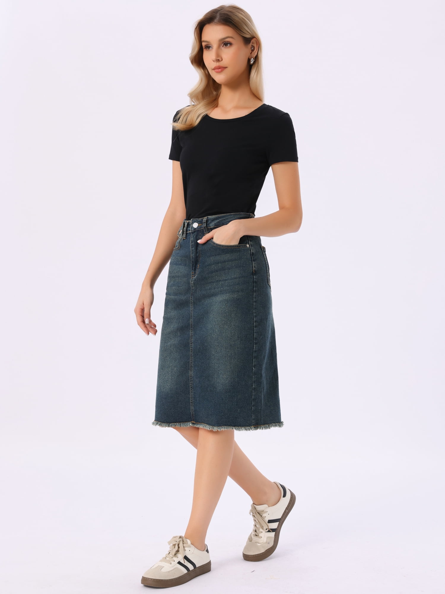 DARING DIVA Women's Back Slit Raw Hem Stretch High Waist Denim Skirt S Dark Gray Blue